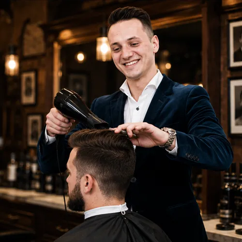 Prim-plan alb-negru cu foarfecele frizerului în timpul unei tunsori precise