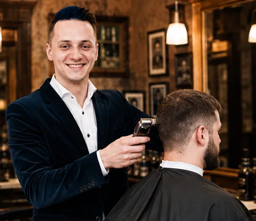 Andrei conturând un degrade cu mașina de tuns, în salonul cu lumină caldă